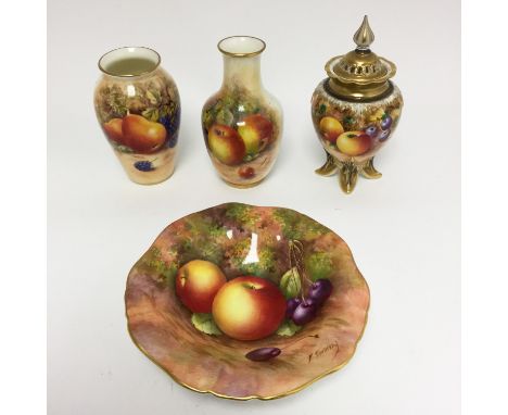 A Royal Worcester footed trinket dish, fruit painted, signed Townsend, with a Royal Worcester fruit painted vase and pierced 