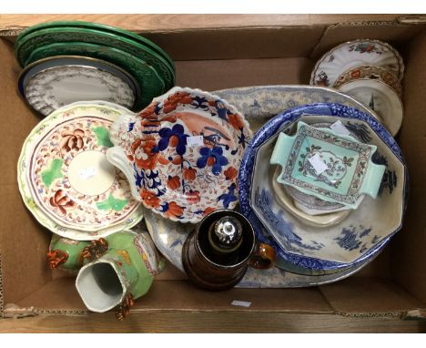 A large collection of ceramics including an Ironstone shell shaped Imari bowl; an aesthetic style Chinoiserie jar and cover p