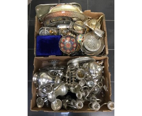 A large quantity of silver plated wares to include cased flatware, an egg cruet, tea services, trays, etc and a brass tea ser