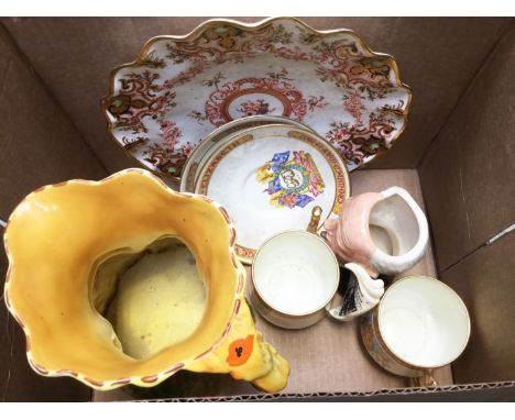 A Royal Crown Derby fluted plate, together with a Royal Doulton Winston Churchill character jug, pair of George VI paragon cu