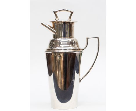  An Asprey silver plate Art Deco style cocktail shaker, of tapering form with removable cover with spout and angular handle, 