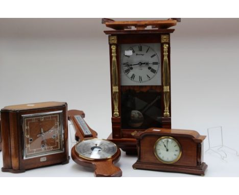 An early 20th Century oak cased clock with plaque dated 1915; together with a 20th Century wall clock, a barometer and a maho