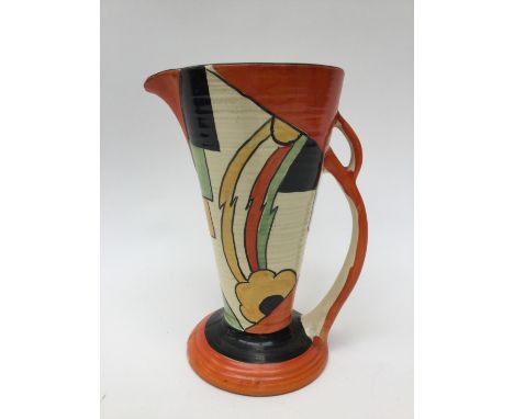 An Art Deco hand painted conical jug, in the manner of Clarice Cliff, unsigned a/f