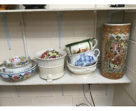  A large Poole pottery bowl together with a Maling Peony rose bowl, an oriental stick/umbrella stand, a jardiniere, a large b