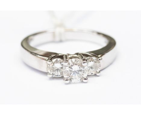  A diamond three stone 14ct white gold ring, three round brilliant cut diamonds, a total diamond weight of approx 1.25 carats