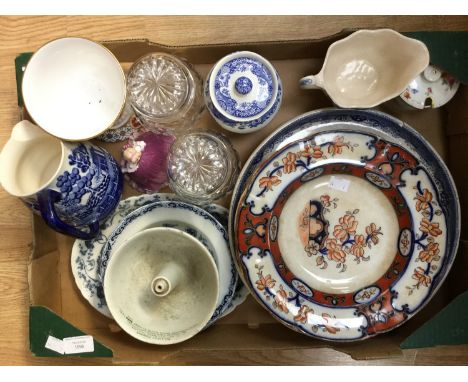 A Coalport figurine, Marianne, together with a Spode goblet, blue and white ceramics, a Grimwades quick cooker and two cut gl