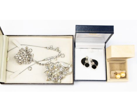 A collection of costume jewellery to include pair of faux pearl and 9ct gold earrings, a paste set necklace, earrings, two br