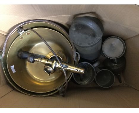 A Maxsievert of Stockholm brass blow lamp with two brass jam pans, a pewter ice cream maker, pewter tankards and a pewter fun