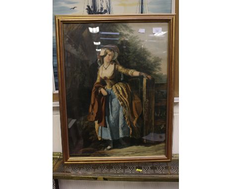 Large 19th-century Baxter print, 'The Parting Look', depicting lady in fashionable Victorian dress. Published February 6th 18