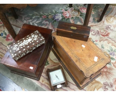 Victorian sewing machine, Victorian glove box, mahogany box , mother of pearl inlaid box and barometer