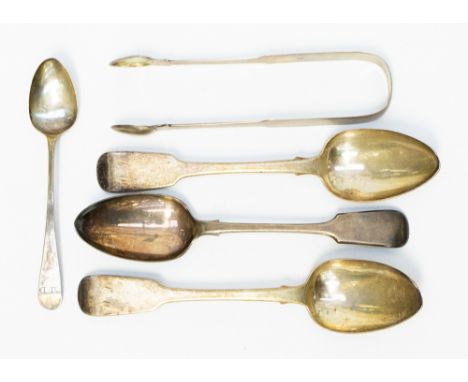 A pair of Chester sugar tongs, Thomas Wilmore first quarter of 19th Century (hallmark rubbed) a pair of Victorian rat tail de