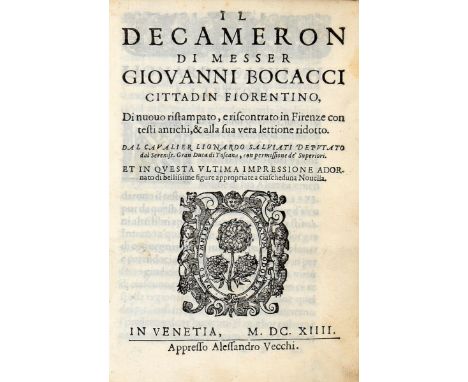 NO RESERVE Boccaccio Giovanni. Il decameron... di nuovo ristampato, e riscontrato in Firenze con testi antichi, & alla sua ve