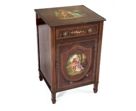 AN EDWARDIAN MAHOGANY INLAID AND PAINTED PEDESTAL The metal-mounted rectangular top centred by a courting couple above a frie