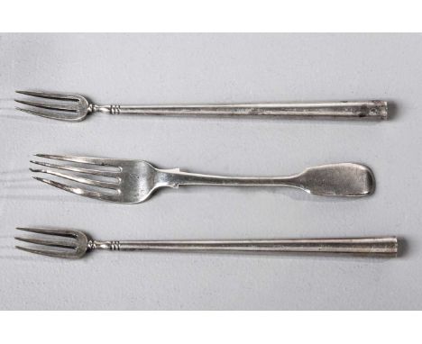 TWO CAPE SILVER KONFYT FORKS, DANIEL BEETS Each with a tapering tubular handle; and A Cape Silver Fiddle Pattern Konfyt Fork,