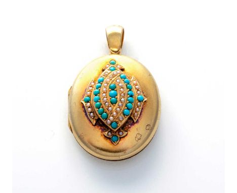 A VICTORIAN TURQUOISE AND SEED PEARL LOCKET PENDANT Oval, the hinged cover applied with a navette-shaped motif embellished wi