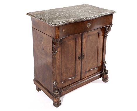 A VICTORIAN MAHOGANY CHIFFONIER The moulded grey marble serpentine top above a conforming frieze drawer, a pair of panelled d