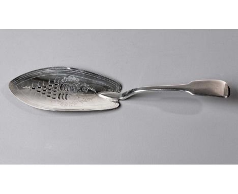 A GEORGE III SILVER FIDDLE PATTERN PUDDING TROWEL, THOMAS WILKES BARKER, LONDON 1815 The spade-shaped blade pierced and chase