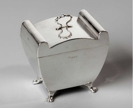 AN EDWARDIAN SILVER TEA CADDY, BARKER BROTHERS LIMITED, CHESTER, 1909 The hinged cover with openwork handle, tapering sides, 
