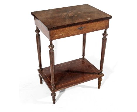 A WALNUT AND INLAID OCCASIONAL TABLE, 19TH CENTURY The hinged rectangular top enclosing a mirror and compartments, in sizes, 