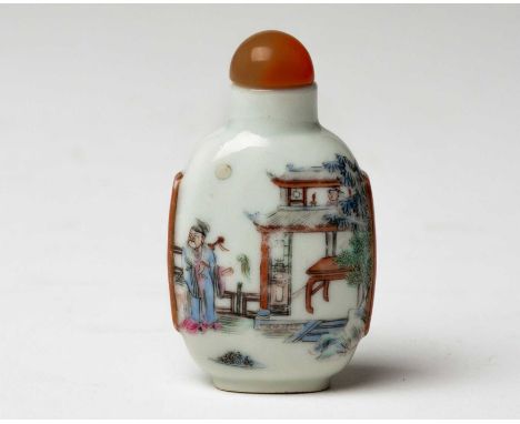 A CHINESE FAMILLE ROSE 'IMMORTAL' SNUFF BOTTLE, QING DYNASTY, DAOGUANG MARK AND PROBABLY OF THE PERIOD 1821 -1850 Raised on a