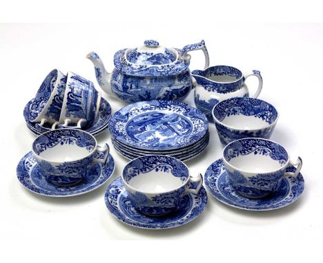 A COPELAND SPODE 'BLUE ITALIAN' PATTERN PART TEA SERVICE Comprising: 5 teacups, 6 saucers, 6 cake plates, a teapot and cover,