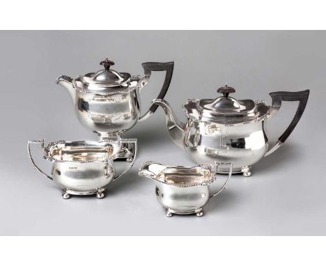 A GEORGE V FOUR PIECE SILVER TEA SERVICE, WALTER AND CHARLES SISSONS, SHEFFIELD 1926 AND 1927 Comprising: a teapot, hot water