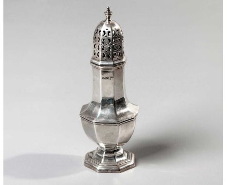 A VICTORIAN SUGAR CASTER, WALKER AND HALL, SHEFFIELD 1896 The octagonal body with moulded girdle, the detachable pierced cove