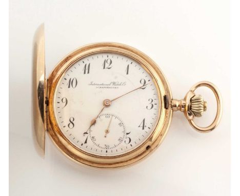 A 14CT HUNTER-CASED POCKET WATCH, INTERNATIONAL WATCH CO, SCHAFFHAUSEN the circular white enamel dial with Arabic numerals, c