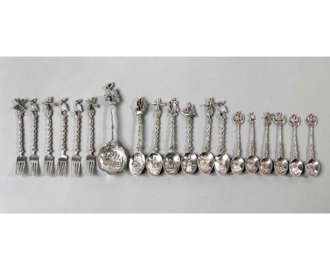 A COLLECTION OF DUTCH SILVER FIGURAL TEASPOONS AND CAKE FORKS Comprising: six with windmill finials, six with sailing ship fi