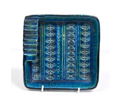 ALDO LONDI FOR BITESSI RIMINI BLUE GLAZED CERAMIC SQUARE ASHTRAY Italy, 1960's, 18cm x 18cm