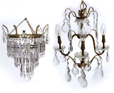 A GILT METAL AND GLASS DROP THREE BRANCH ELECTROLIER 35cm diameter x 41cm high together with a three tier cut glass drop ligh