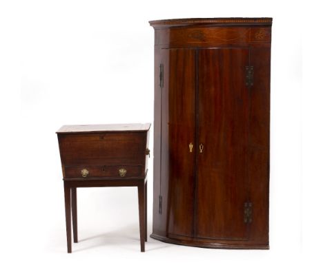 A REGENCY MAHOGANY WORK BOX ON STAND with brass inlay together with a Georgian mahogany hanging bow fronted corner cupboard w