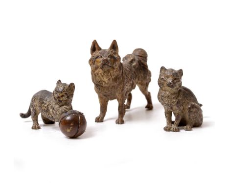 TWO 19TH CENTURY VIENNESE COLD PAINTED BRONZE SCULPTURES OF CATS one seated the other playing with a ball, both indistinctly 