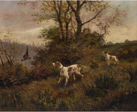 EUGENE PETIT (1839 - 1886) Hunting dogs after a pheasant, oil on canvas, signed lower right, 44cm x 53cm