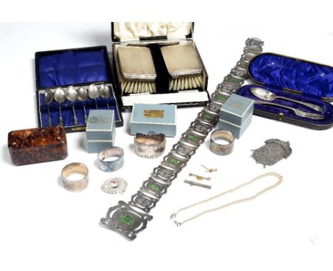 SILVER AND JEWELLERY to include silver napkin rings, an early 20th century silver plated belt with green enamel decoration 64