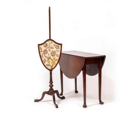 A 19TH CENTURY MAHOGANY DROP LEAF TABLE with turned legs and pad feet, 88.5cm wide x 35cm deep x 69cm high; a 19th century ma