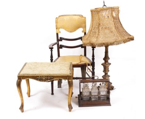 A GILT DRESSING TABLE STOOL in the French manner with inset seat and cabriole legs, 56cm wide x 43cm high together with an ar