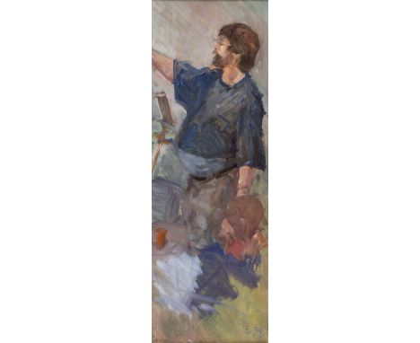 PAUL BANNING (20TH CENTURY ENGLISH SCHOOL) portrait of the artist Tom Coates at his easel, oil on board, indistinctly signed 