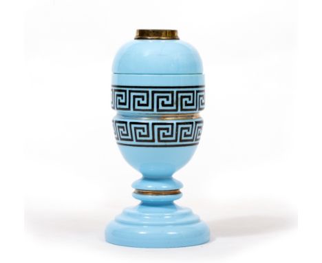A LATE 19TH CENTURY BLUE OPALINE GLASS OIL LAMP BASE  with black green key pattern, 32cm high