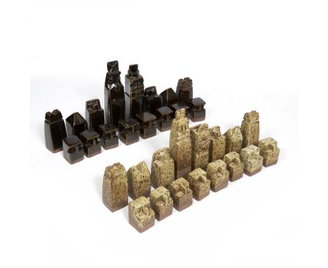 A SET OF THIRTY TWO STUDIO POTTERY STONEWARE CHESS PIECES the tallest measures 18cm in height