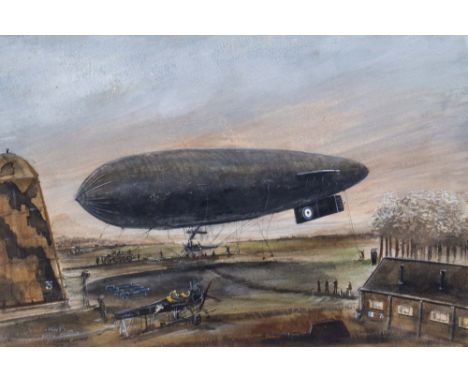 AN EARLY 19TH CENTURY NAIVE WATERCOLOUR depicting the first airship in the First World War, the SS40, 24cm x 35.5cm In August