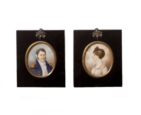 AN EARLY 19TH CENTURY ENGLISH SCHOOL portrait miniature of a Naval Officer, unsigned, 7.5cm x 6cm (oval) together with a matc