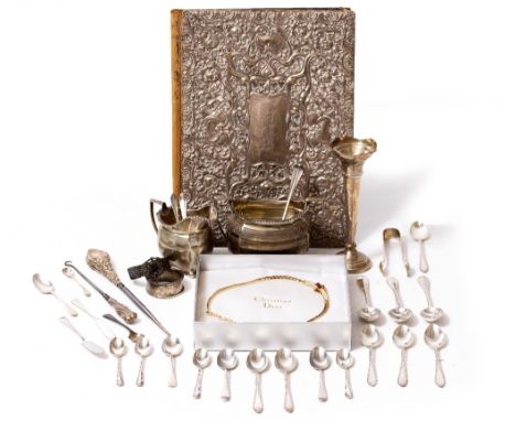 SILVER to include a sugar bowl and milk jug, trumpet vase, a napkin ring, teaspoons, a silver embossed blotter and a Christia