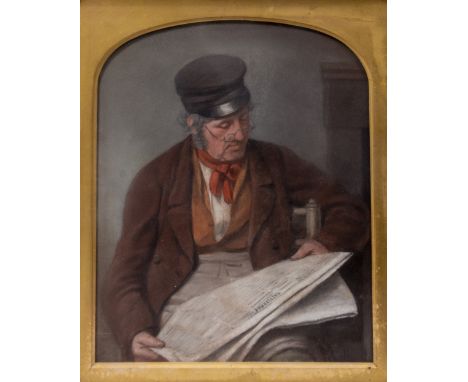 A 19TH CENTURY PORTRAIT of a gentleman reading a newspaper, watercolour, initialled 'B', 30cm x 26cm, framed and glazed