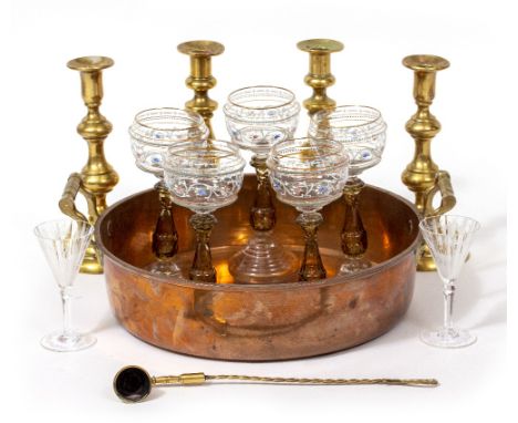 A BRONZE JAM PAN with ring turned brass handles, 33.5cm diameter together with two pairs of brass candlesticks, a set of six 
