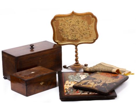 A 19TH CENTURY ROSEWOOD TEA CADDY 35cm wide x 17cm deep x 19cm high; a walnut jewellery box, 22.5cm wide; a gold work cloth, 