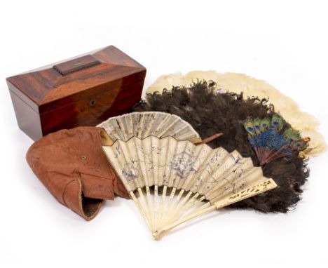 A 19TH CENTURY ROSEWOOD TEA CADDY of sarcophagus form, 27cm wide x  15cm deep x 15cm high; four ladies fans and a leather fly