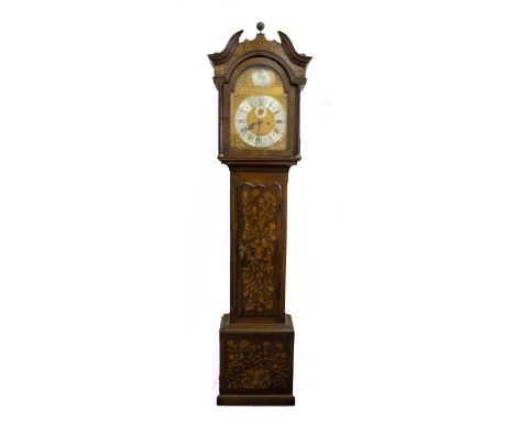 AN EARLY 19TH CENTURY OAK CASED EIGHT DAY LONGCASE CLOCK with marquetry inlaid decorated, the later silvered dial with arabic