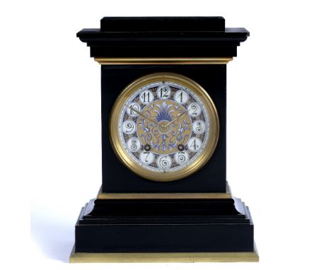 A VICTORIAN BLACK SLATE MANTLE CLOCK the ceramic dial with gilt and blue glazed decoration surrounding the arabic numerals, t