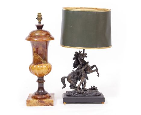 A TURNED ALABASTER TABLE LAMP of classical urn form, 57cm high together with a further table lamp mounted with a Marley Horse